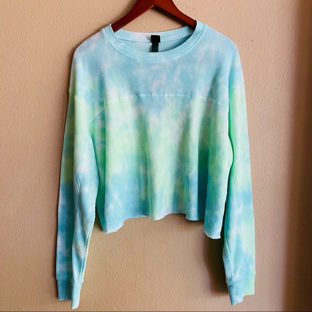 Wild Fable Waffle Light Blue/Bright Green Long Sleeve Top Size XXL